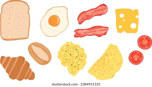 Set of breakfast foods. Hand drawn vector illustration.	
Toast, fried egg, bacon, cheese, omelette, scramble egg, tomato. 