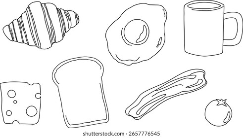 Conjunto de alimentos para el desayuno. Arte de línea simple. Ilustración vectorial dibujada a mano. Tostadas, huevo frito, cruasán, tocino, queso, tomate, café.