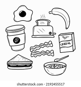 Set of breakfast foods vector illustration with doodle drawing style isolated on white background
