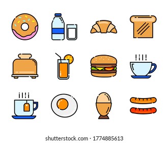 set of breakfast icon color and thin line.