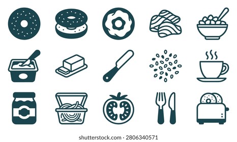 Set of breakfast icons featuring bagels, salmon, cream cheese, butter, coffee, cereal, jam, tomato, toaster, and utensils. Minimalist flat vector graphic for food menu design.