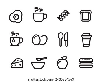 Conjunto de iconos de desayuno con estilo de línea sobre fondo blanco