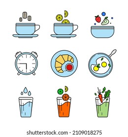 Un conjunto de iconos para el desayuno. Esbozar un conjunto de iconos vectoriales de desayuno para el diseño web, aislados en un fondo blanco