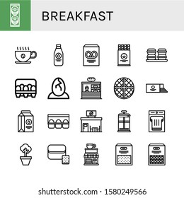 Set of breakfast icons. Such as Cookies, Coffee cup, Milk bottle, Pretzel, Wafer, Macaroons, Eggs, Bakery, Loaf, Milk, Egg carton, Coffee shop, French press , breakfast icons