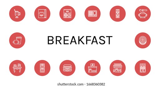 Set of breakfast icons. Such as Latte, Bread, Donut, Meal, Cookies, Baby food, Coffee table, Muffin, Cheeseburger, Coffee shop, Cafe, Pancake, Croissant, Cookie , breakfast icons