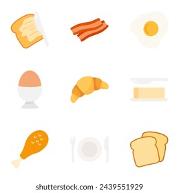 Set of breakfast icons. Various tasty food and drinks. Vector Illustration 
