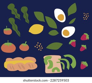 Conjunto de ilustraciones del desayuno con huevos, tomates, fresas y aguacate