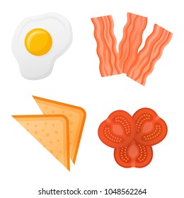 Set of breakfast ingredients isolated on white background. Toasted bread, tomato slices, bacon strips and fried egg. Top view. Vector illustration.