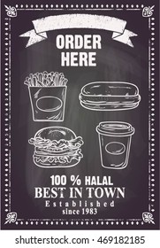 set of breakfast isolated on blackboard, or order here restaurant poster