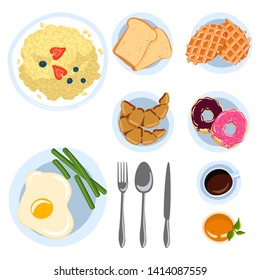 set of breakfast items in flat doodle style, top view. Different morning dishes. Vector illustration