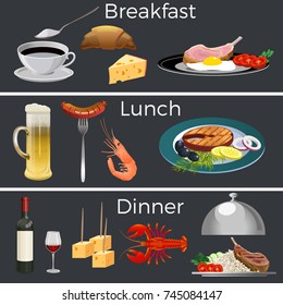 Set of breakfast lunch and dinner. Vector illustration isolated on black background