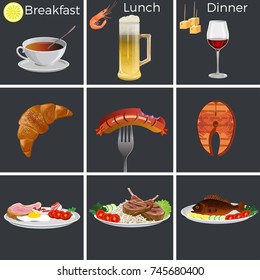 Set of breakfast lunch and dinner. Vector illustration isolated on black background