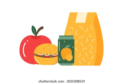 Set of  breakfast or lunch meals. Food, drinks for Children school lunch boxes with meal, hamburger, sandwich, juice, snacks, fruit, vegetables.Vector collection