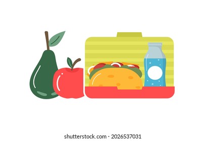 Set of  breakfast or lunch meals. Food, drinks for Children school lunch boxes with meal, hamburger, sandwich, water, snacks, fruit, vegetables.Vector collection