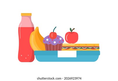 Set of  breakfast or lunch meals. Food, drinks for Children school lunch boxes with meal, cupcake, sandwich, juice, snacks, fruit, vegetables.Vector collection