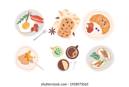 set with breakfast meals and drinks isolated on white background. Bacon and egg, pancakes, sandwiches with salmon and avocado, croissant, cups of tea and coffee. Vector illustration in flat style 