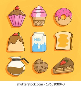 set of breakfast with milk, cupcake, coffee and bread
