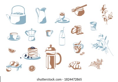 Set of breakfast objects: coffee, tea, honey, croissants, pancakes, milk lemon, biscuits, cookies, french press, eggs isolated white background vector illustration