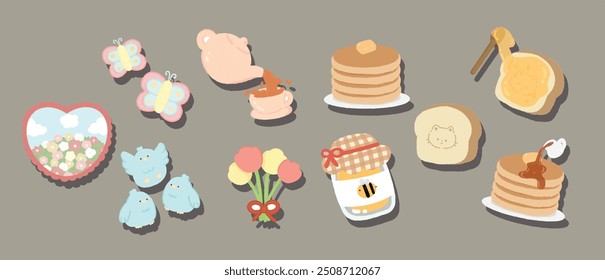 Set of breakfast pancakes hand drawn vector illustration