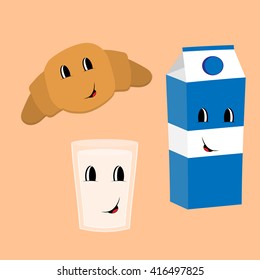 Set for breakfast products. Pack milk, croissant and a glass cup in cartoon style on a light background. For menus, icons, logos,  design elements.