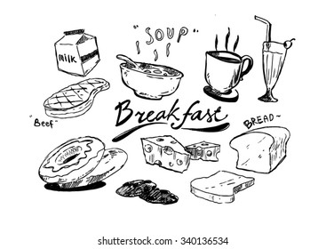 Set of breakfast related object in doodle style isolated on white background
