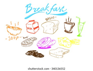Set of breakfast related object in doodle style isolated on white background