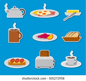 set of breakfast stickers, badges and labels