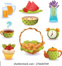 Set of Breakfast: tea, fresh juice, muesli and bread. Isolated on white background.