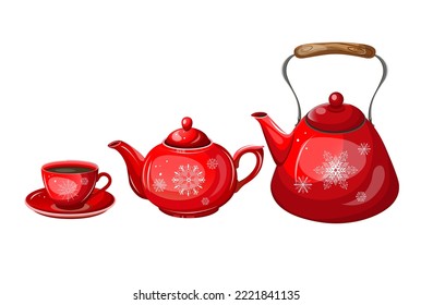 Organiza la fiesta de té del desayuno. 
Copa con copas de nieve impresas y dos teteras. Aislar sobre un fondo blanco. Ilustración vectorial.