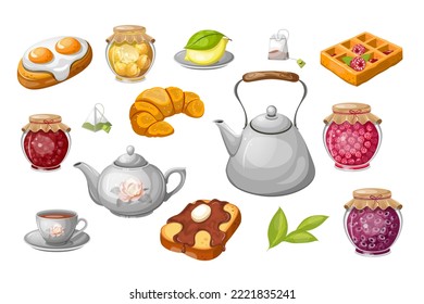 Set breakfast tea party. A set of drinks and food for breakfast. Isolate on a white background. Vector illustration.
