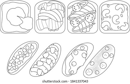 set of breakfast toasts. Coloring. Avocado toast