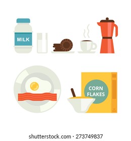 Set of breakfast vector icons. Milk, cookies, corn flakes, coffee and egg with bacon