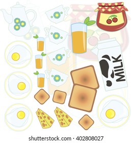 Set breakfast. Vector. Pattern breakfast fried eggs, sunny side, teapot, cup, tea, coffee, jar, jam, glass orange juice, milk, cheese, toast bread, tea set