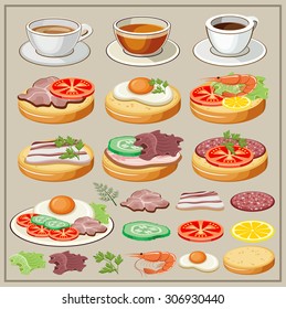 Set of breakfasts - fried eggs, sandwiches, tea, coffee. Components of breakfasts. Elements. Snack. Vector illustration
