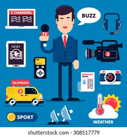 Set of breaking news icons including reporter with microphone speeches news in front of camera. Fully editable vector illustration. Color vector flat illustration and icons.