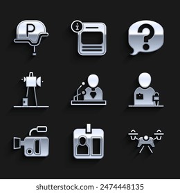 Set Breaking news, Journalist id card, Drone, Cinema camera, Antenna, Speech bubble chat and War journalist icon. Vector