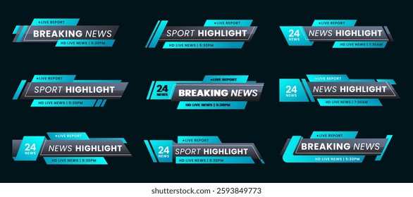 Set of breaking news lower third bar banner design. Tv header bars for news, sports, and live broadcast information. professional video title templates for broadcast and media vector set collection