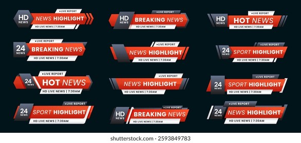 Set of breaking news lower third bar banner design. Tv header bars for news, sports, and live broadcast information. professional video title templates for broadcast and media vector set collection