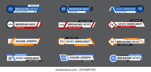 Set of breaking news lower third bar banner design. Tv header bars for news, sports, and live broadcast information. Professional video title templates for broadcast and media vector set collection