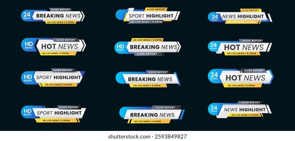 Set of breaking news lower third bar banner design. Tv header bars for news, sports, and live broadcast information. professional video title templates for broadcast and media vector set collection