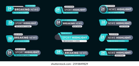 Set of breaking news lower third bar banner design. Tv header bars for news, sports, and live broadcast information. professional video title templates for broadcast and media vector set collection