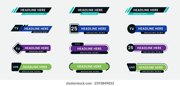 Set of breaking news lower third bar banner design. Tv header bars for news, sports, and live broadcast information. Professional video title templates for broadcast and media vector set collection