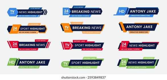 Set of breaking news lower third bar banner design. Tv header bars for news, sports, and live broadcast information. Professional video title templates for broadcast and media vector set collection