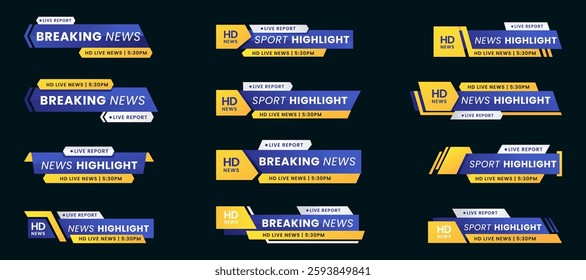 Set of breaking news lower third bar banner design. Tv header bars for news, sports, and live broadcast information. professional video title templates for broadcast and media vector set collection