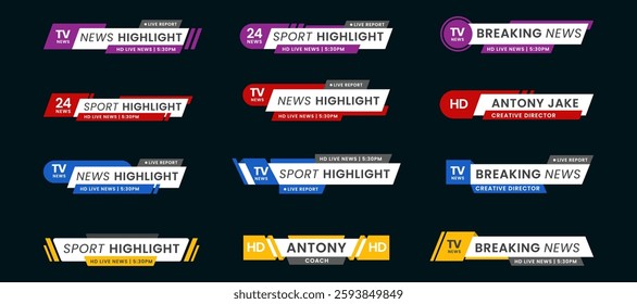 Set of breaking news lower third bar banner design. Tv header bars for news, sports, and live broadcast information. Professional video title templates for broadcast and media vector set collection