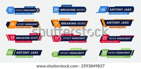 Set of breaking news lower third bar banner design. Tv header bars for news, sports, and live broadcast information. Professional video title templates for broadcast and media vector set collection
