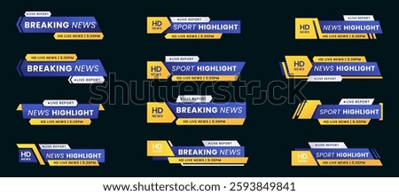 Set of breaking news lower third bar banner design. Tv header bars for news, sports, and live broadcast information. professional video title templates for broadcast and media vector set collection