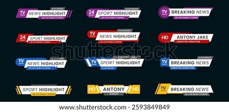 Set of breaking news lower third bar banner design. Tv header bars for news, sports, and live broadcast information. Professional video title templates for broadcast and media vector set collection