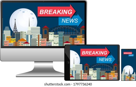 Set of breaking news on different electronic gadget screens isolated illustration