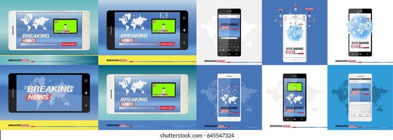 Set Breaking News on smartphone with background of the world map. Modern mobile TV. Vector illustration EPS 10